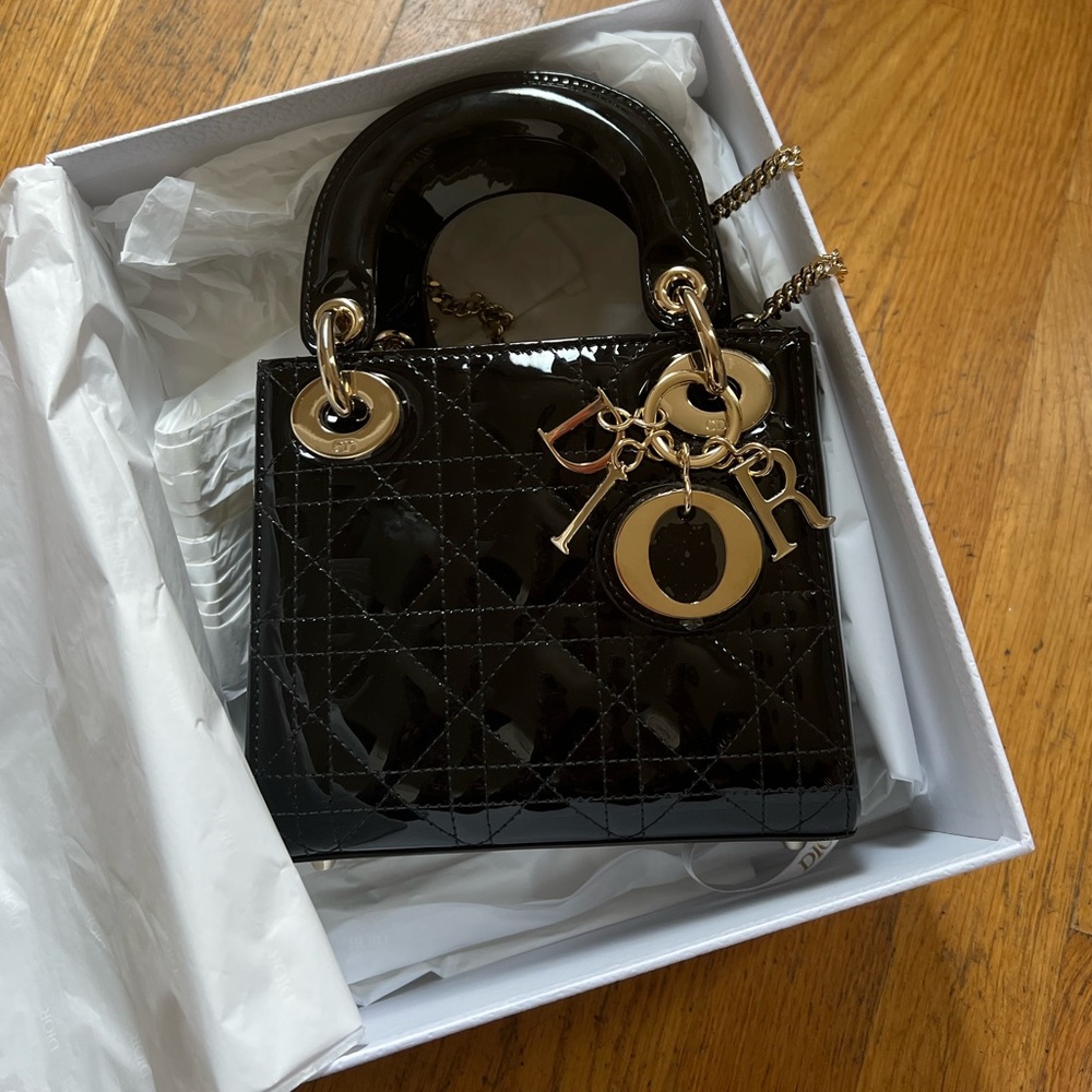 NEW Lady Dior Caflskin Purse Black & Gold Chain Crossbody